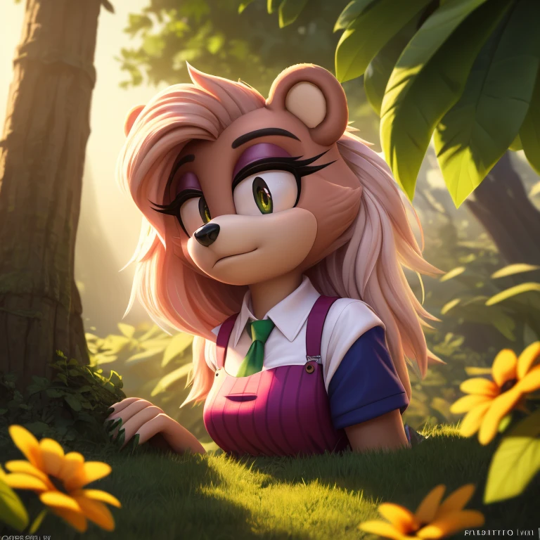 (bear girl mobian:1.3),brown fur,brown hair,green eyes,white shirt,black pants,pink tie,female mobian,buttoned shirt,dominant female,female mobian,(best quality,4k,8k,highres,masterpiece:1.2),ultra-detailed,(realistic,photorealistic,photo-realistic:1.37),portraits,vivid colors,lush green garden,soft sunlight,subtle shadows,peaceful atmosphere,vibrant flowers,butterflies flying around,birds singing in the background,gentle breeze,quietude and serenity.