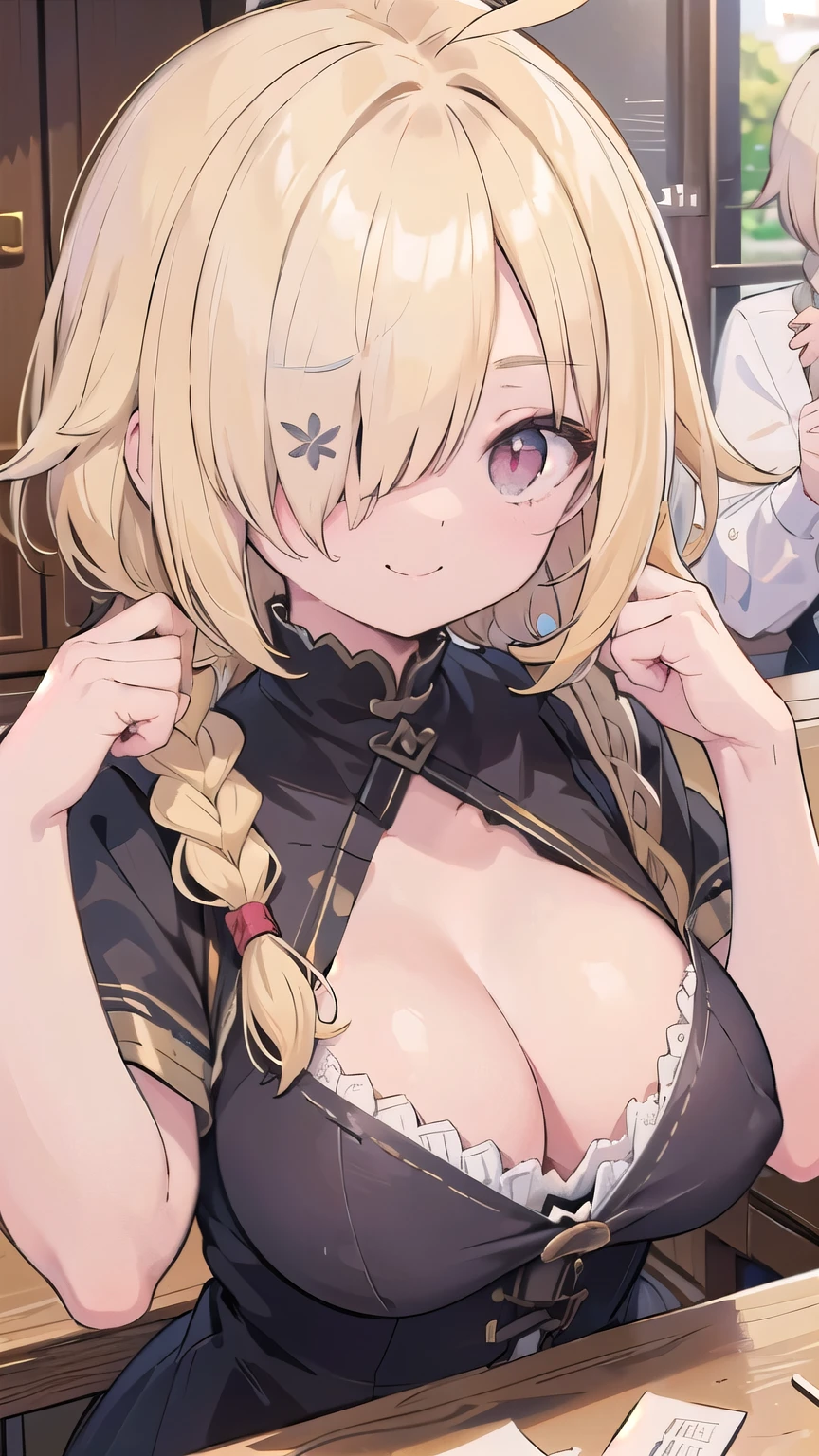 cleavage、tits、smile、hands up, elbows on table, face palm、breasts close up, blonde ((((((hair over one eye)))))), Braid Styles, spiked hair, blunt bangs, bob hair, a braid, Ahoge red eyes