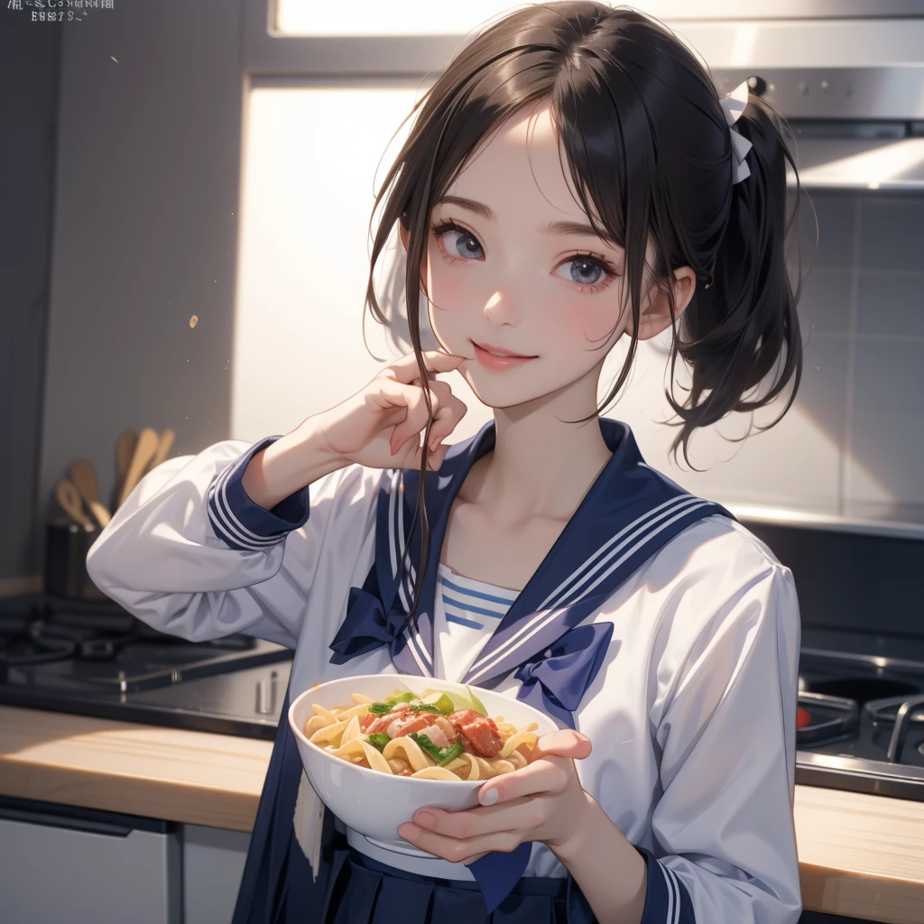 masutepiece, Best Quality, 8K, Raw photo, absurderes, super realistic food picture, realistic style, realistic,8k photorealism,2girl,15 years old,highschool student,(small brests:1.2),(skinny:1.2),(sailor suit:1.3),(girls high school uniform:1.3),(cute sailor suit:1.3),(short ponytails:1.3),akb48,nogizaka46,girl eating a bowl of meat sauce pasta in a kitchen, food,  (smile:1.2),(facial:1.0),(cum on food:1.0),(cum on face:1.0),(bob cut:1.1),