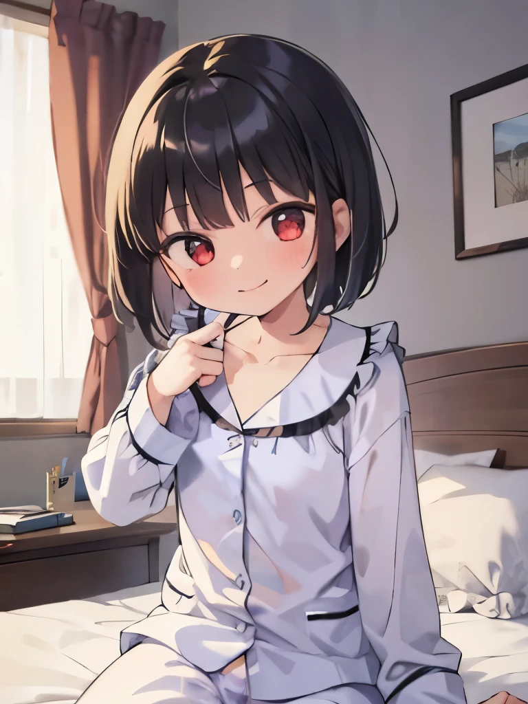 masterpiece, highest quality, girl, alone,pajamas,on the bed,red eyes,smile, blush,black hair bob,sexy face,Cheeky smirk,mischief,upward glance