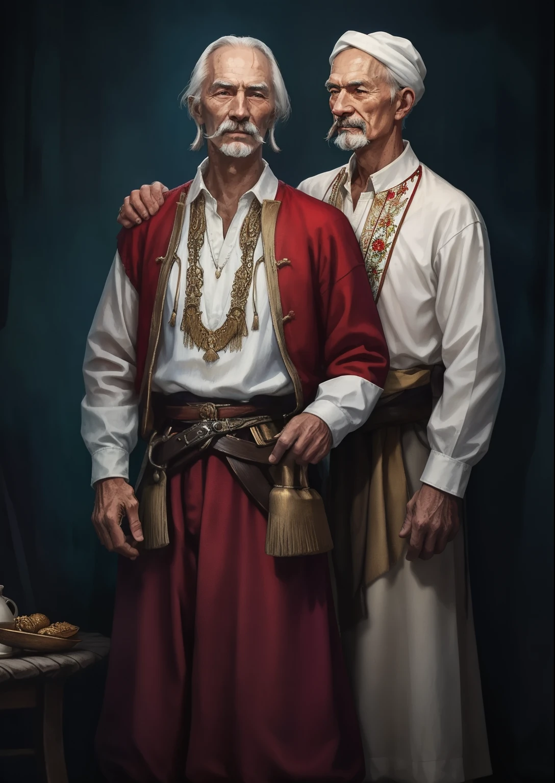 2 old Cossacks, two  white embroidered shirt exudes wisdom and dignity. The deep wrinkles on their faces testify to a rich life history. Experience and firm will can be seen in their eyes. They wear embroidered shirt with pride, embodying the traditions and heritage of their people. Their presence inspires respect and admiration among young Cossacks who seek his advice and wise words, realism, super detailed