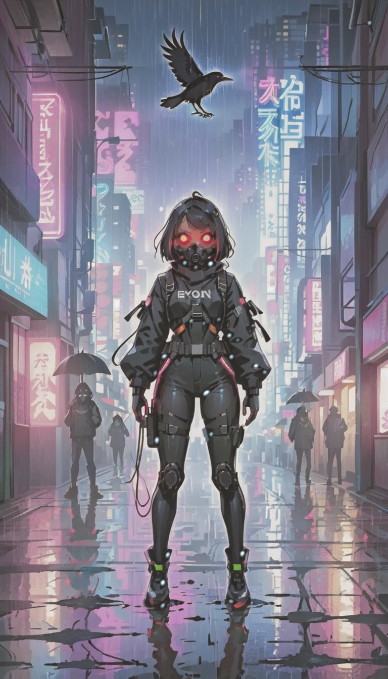 cyber punk，Cute Armed Girl，bob，Blood on the face，neon sign，downtown at night，A lot of neon signiscellaneous，night rain，get wet in the rain，Reflected in a puddle，Mechanical Townscape，雑居ビルにneon sign，Electric wires are strung all over the place.，night town，Crow，railgun，A gas mask like Casshern，Red eyes glowing，end of the century，Make the neon shine brightly，Overall dark