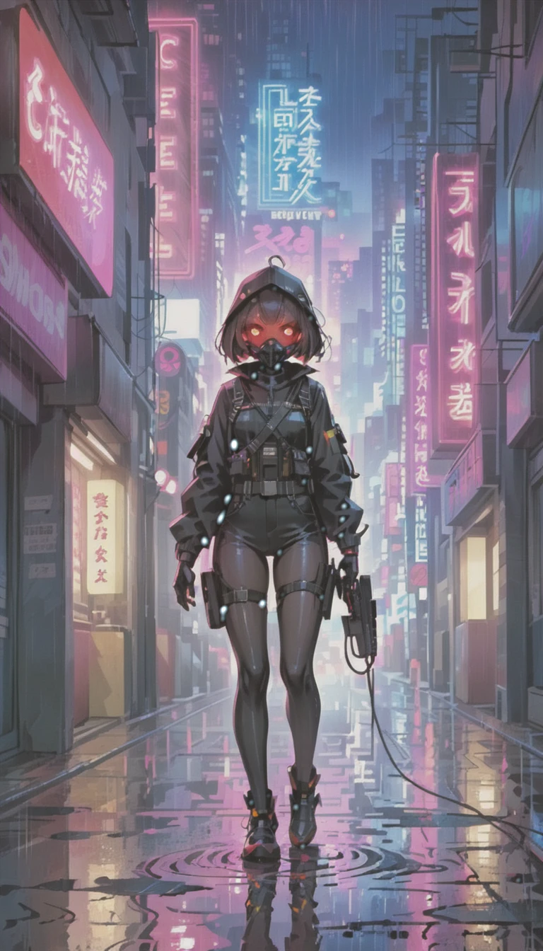 cyber punk，Cute Armed Girl，bob，Blood on the face，neon sign，downtown at night，A lot of neon signiscellaneous，night rain，get wet in the rain，Reflected in a puddle，Mechanical Townscape，雑居ビルにneon sign，Electric wires are strung all over the place.，night town，Crow，railgun，A gas mask like Casshern，Red eyes glowing，end of the century，Make the neon shine brightly，Overall dark