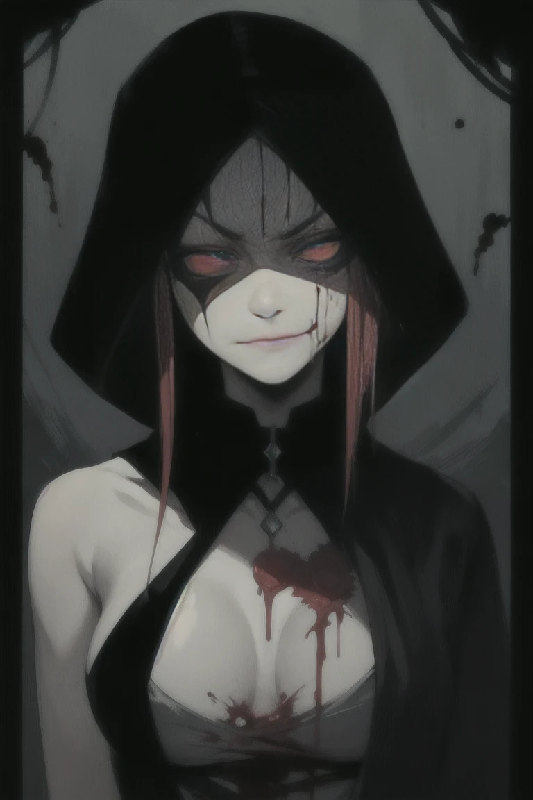 Dark, Creepy, 1,000 Year old, angel, low dim lighting, dark chamber, smirk, blood on her face, cultist markings,