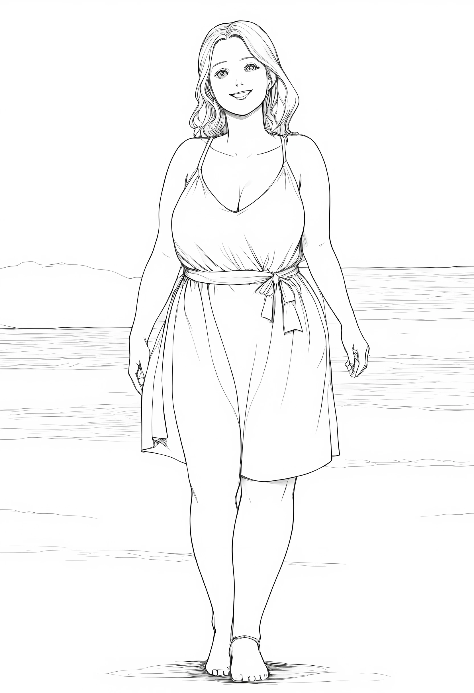 master piece, best quality, high resolution / hires, ultra-detailed, illustration, from front, cowboy shot, looking at viewer, natural smile, standing pose, monochrome, line drawing, ((sketch)), illustration, (lineart:1.3), line drawing, ((sketch)), high contrast, full body shot, summer dresses, on the crowed beach, mature woman, curvy