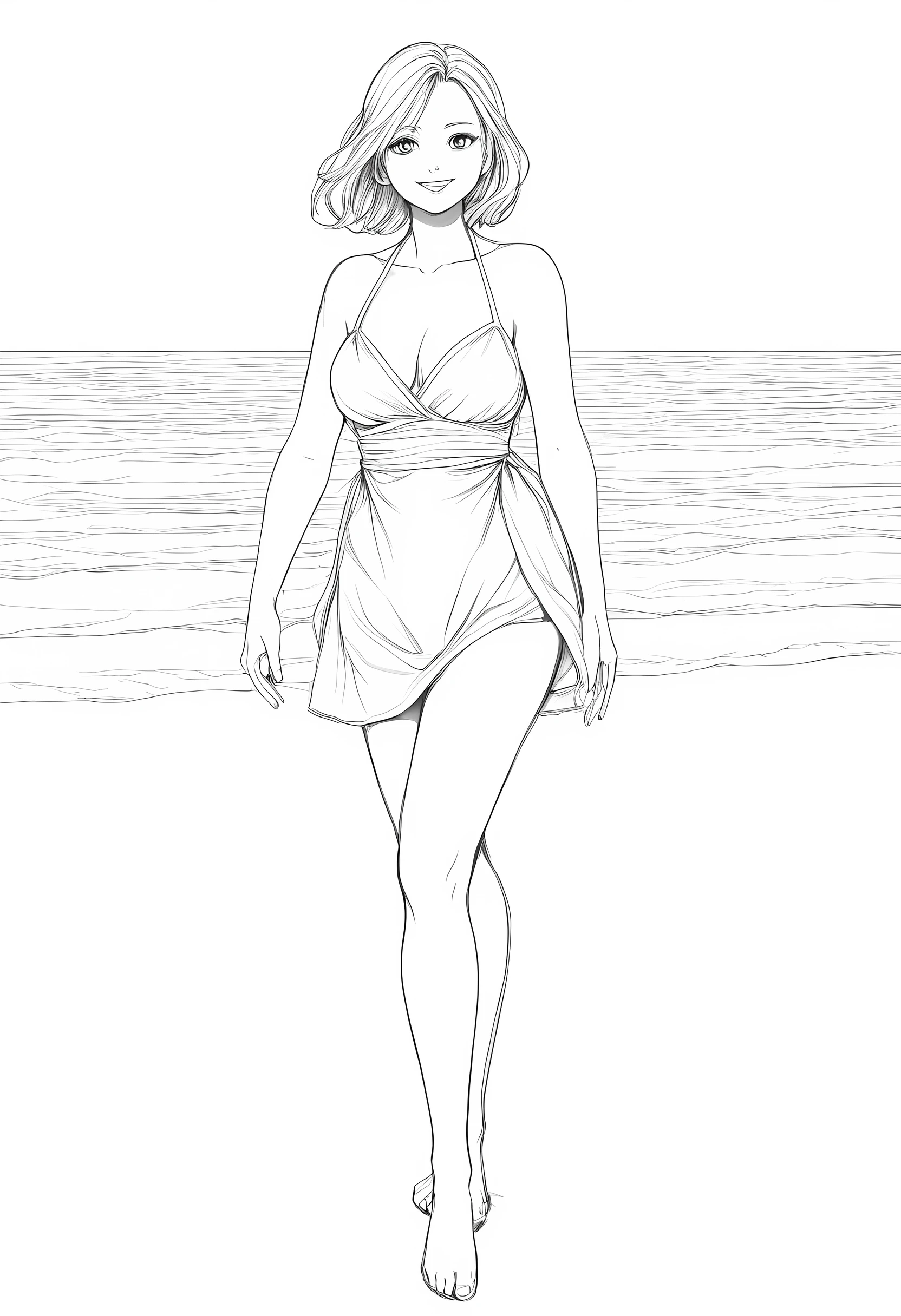 master piece, best quality, high resolution / hires, ultra-detailed, illustration, from front, cowboy shot, looking at viewer, natural smile, standing pose, monochrome, line drawing, ((sketch)), illustration, (lineart:1.3), line drawing, ((sketch)), high contrast, full body shot, summer dresses, on the crowed beach, mature woman, curvy