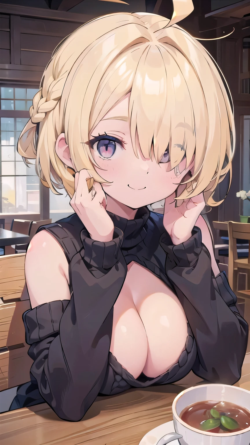 cleavage、tits、smile、hands up, elbows on table, face palm、breasts close up, blonde　((((((hair over one eye)))))), Braid Styles, spiked hair, blunt bangs, bob hair, a braid, Ahoge　red eyes, No sleeve, knit sweater