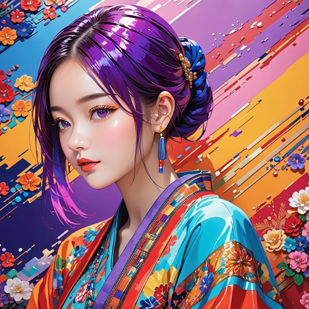 (Ridiculous, high resolution, Super detailed), (1 girl:1.3), Double tail, purple hair, rest , glitch art, digital distortion, pixelated clip, Data corruption, color noise, visual clutter, contemporary aesthetics rest , Enamel Art, glassy surface, bright colors, glossy finish, Reflective texture, Rich in pigments, fluid forms rest , ethnic style, traditional clothing, Vibrant patterns, handmade textiles, cultural theme, beaded jewelry, handmade accessories