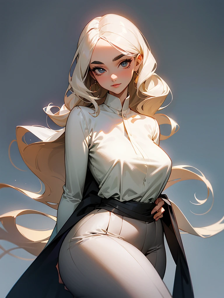 This beautiful teacher wore a simple and elegant white shirt with a pair of black slim trousers, showing her tall figure and graceful curves. Her long hair was shawl, slightly curly, and gave off a faint fragrance. Her facial features are delicate, her eyes are bright and spirited, her eyebrows are slender and natural, her lips are rosy and sexy, and her face is round and smooth.