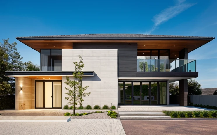 - (((1 mordenhouse with slope roof:1.3))), front elevation of the house, look morden minimalist,(((1 road in front of the house:1.3))), the planter has many white s:1.2 - (RAW photo, real, best quality, masterpiece:1.2),(hyper realistic, photo-realistic:1.2), high quality,(((hyper detail:1.5))), archdaily, award winning design - dynamic light:1.1, (dark light:1.1), perfect light, - elegant and minimalist feel, day light