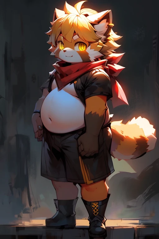 red panda,cute,Gray wall background,Gilt,Golden fluorescent eyes,short sleeves,shorts,big tail,stand,red scarf,black leather boots,masterpiece,high quality,male,overweight,junior high school students,pattern,