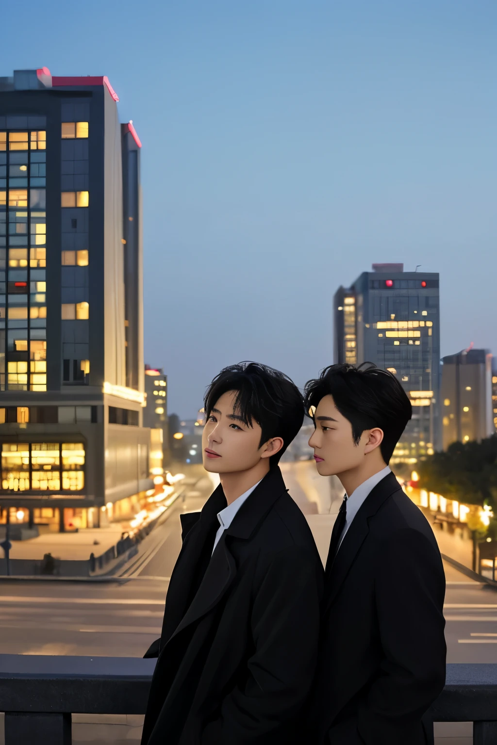 2male、masterpiece、top-quality、超A high resolution、evening、A city scape、depth of fields、short black messy hair、Two men