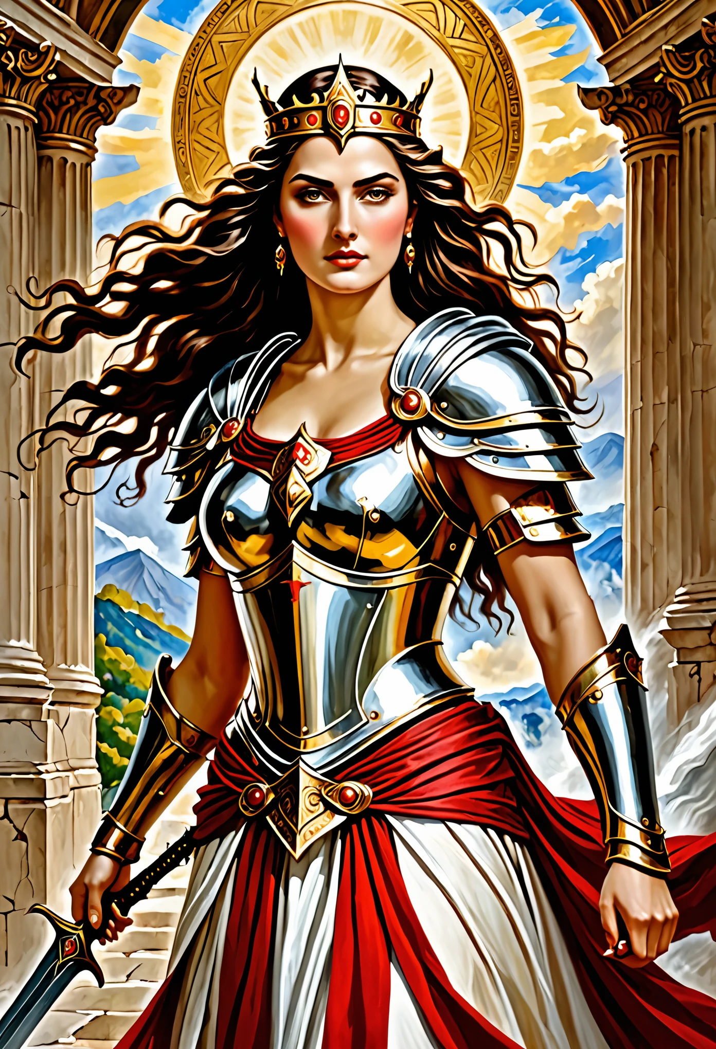 Empowered Legendary Templary Warrior, Olympus, Goddess style, French painting style, Brave warrior queen, warrior goddess, 