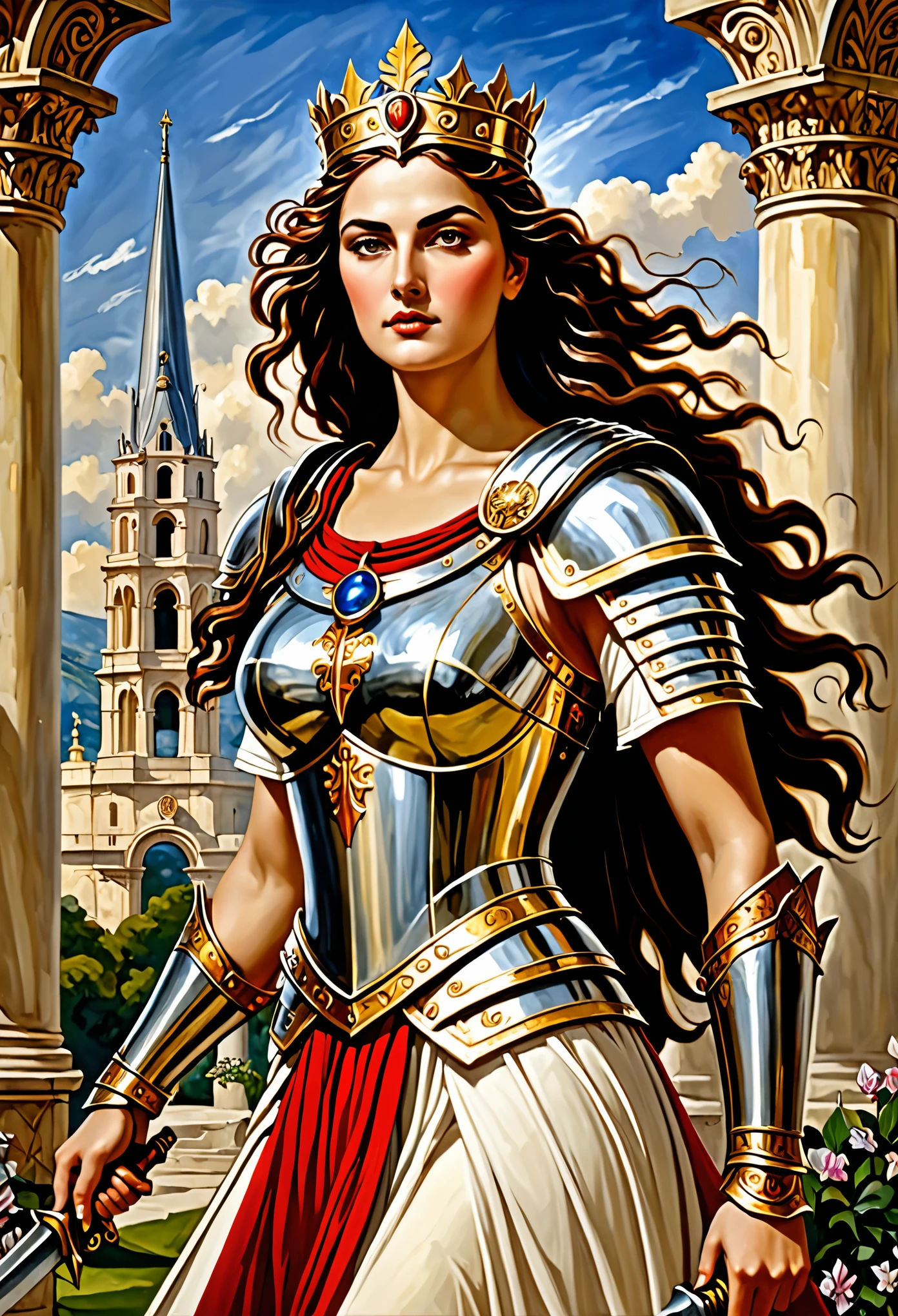 Empowered Legendary Templary Warrior, Olympus, Goddess style, French painting style, Brave warrior queen, warrior goddess,