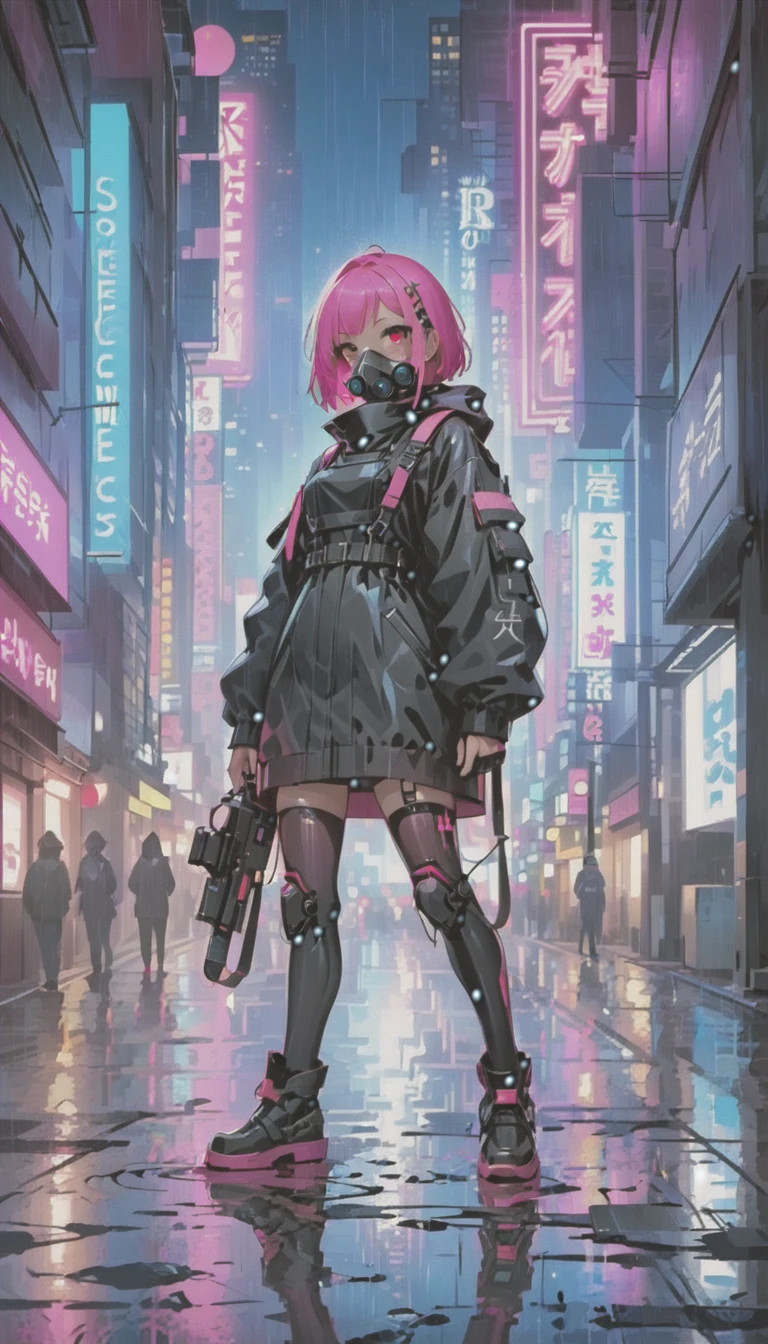 cyber punk，Cute Armed Girl，bob，The inner color of the hair is pink，Blood on the face，neon blue，neon pink，neon sign，downtown at night，A lot of neon signiscellaneous，night rain，get wet in the rain，Reflected in a puddle，Mechanical Townscape，雑居ビルにneon sign，Electric wires are strung all over the place.，night town，Crow，railgun，A gas mask like Casshern，Red eyes glowing，end of the century，Make the neon shine brightly，Overall dark