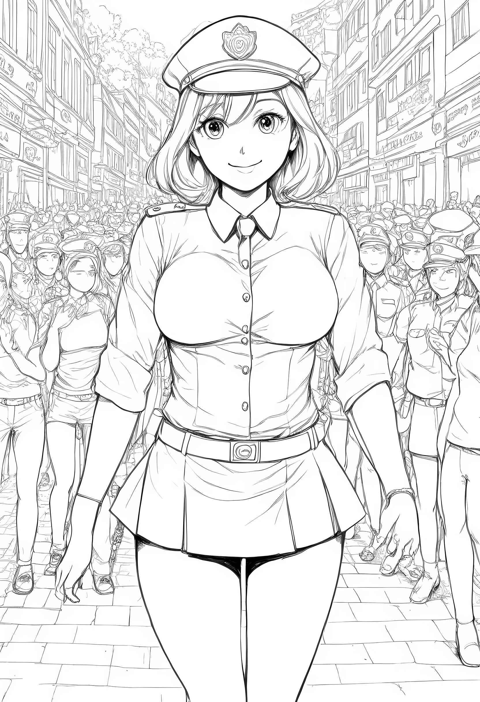 master piece, best quality, high resolution / hires, ultra-detailed, illustration, from front, cowboy shot, looking at viewer, natural smile, standing pose, monochrome, line drawing, ((sketch)), illustration, (lineart:1.3), line drawing, ((sketch)), high contrast, full body shot, sailor costumes, dancing on the crowed street, 1girl, slim, abs, gigantic breasts, giga_busty