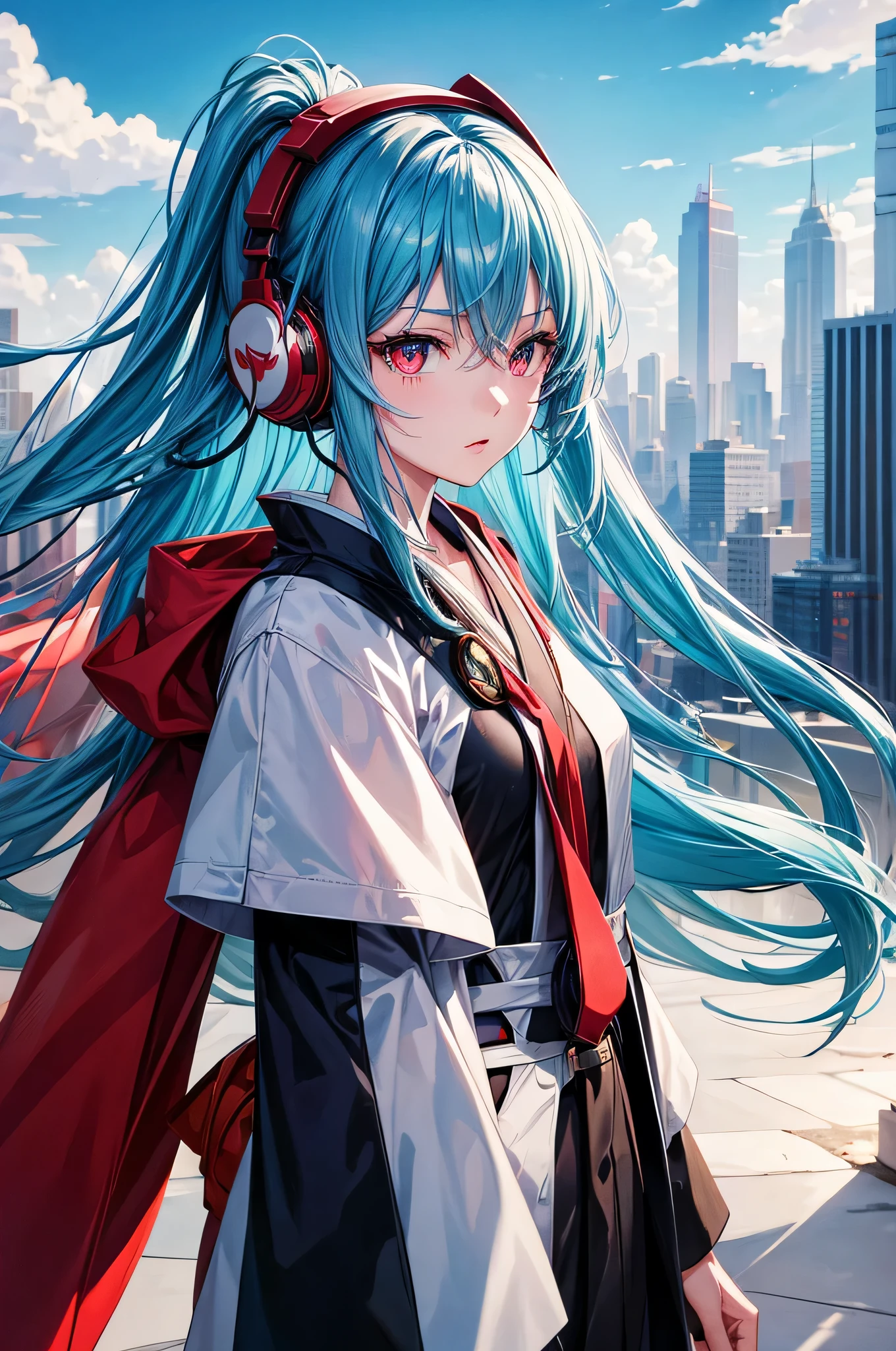 flat illustration classical animes, Close-up of a female character with light blue hair, red eyes, wearing headphones, with a cityscape in the background, art style influenced by japanese artists, black outlines, niji
