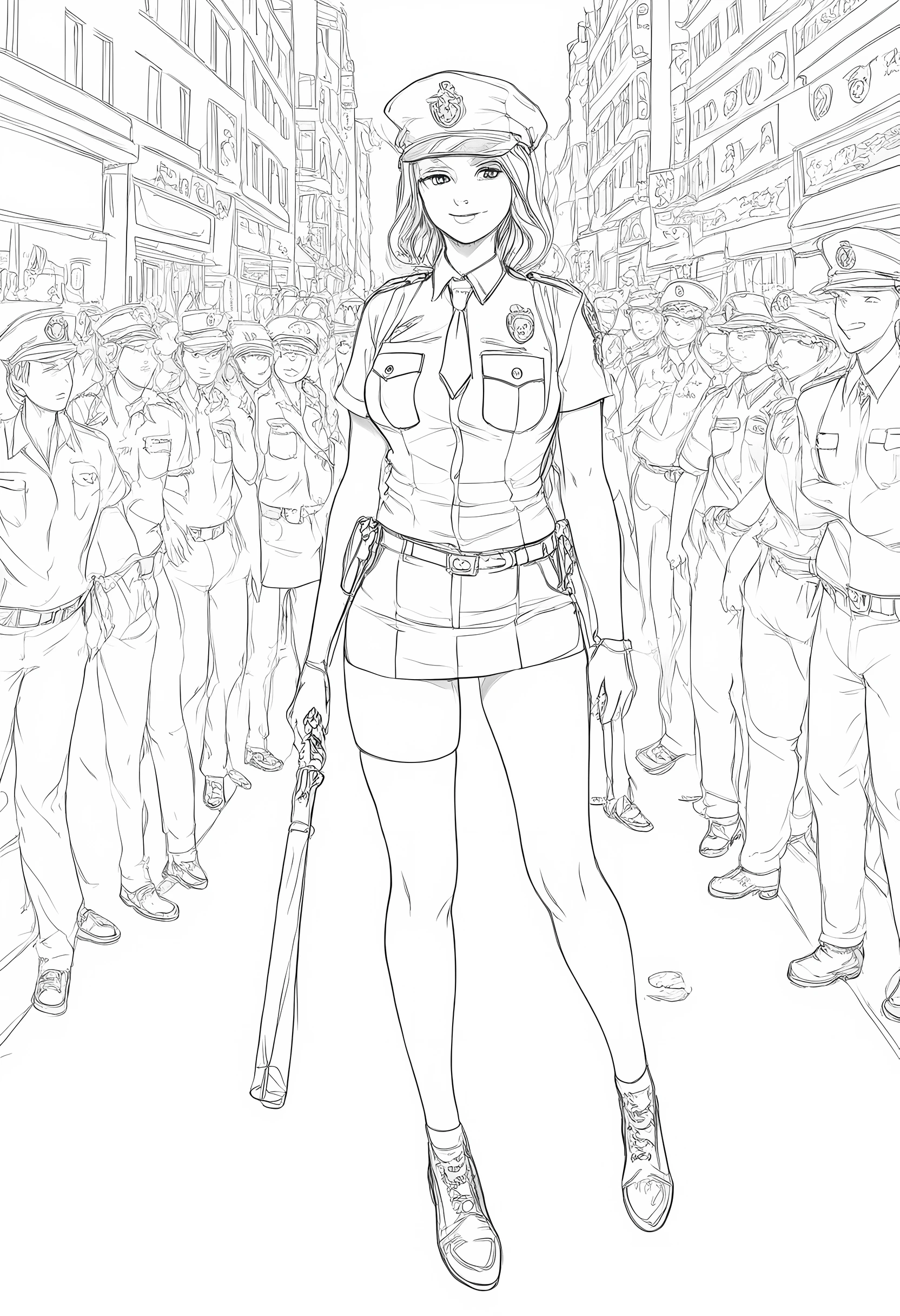 master piece, best quality, high resolution / hires, ultra-detailed, illustration, from front, cowboy shot, looking at viewer, natural smile, standing pose, monochrome, line drawing, ((sketch)), illustration, (lineart:1.3), line drawing, ((sketch)), full body shot, skirt police uniforms, police cap, stockings with garter, on the crowed street, mature woman