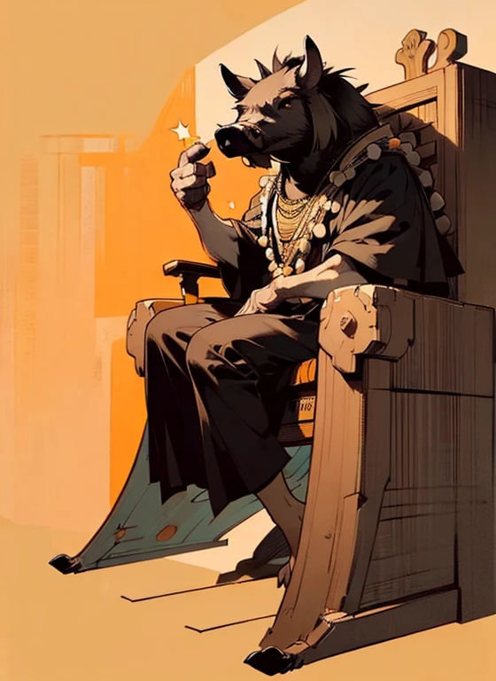 (head to toe: 2.0), (full body image: 2.0), solo, anthropomorphic boar, (head of a boar: 1.3), large, fat, muscular, (sitting on a throne: 1.4), regal clothing, sword and cepter, facial piercings, , extremely stylized, deviant art, masterpiece, highly detailed, detailed eyes, expressive detailed eyes, detailed pupils, crown, boots, entire body image, full body shot, nvinkpunk, professional photograph of alexander_skarsgard, tassles, large beads, large tassels, 