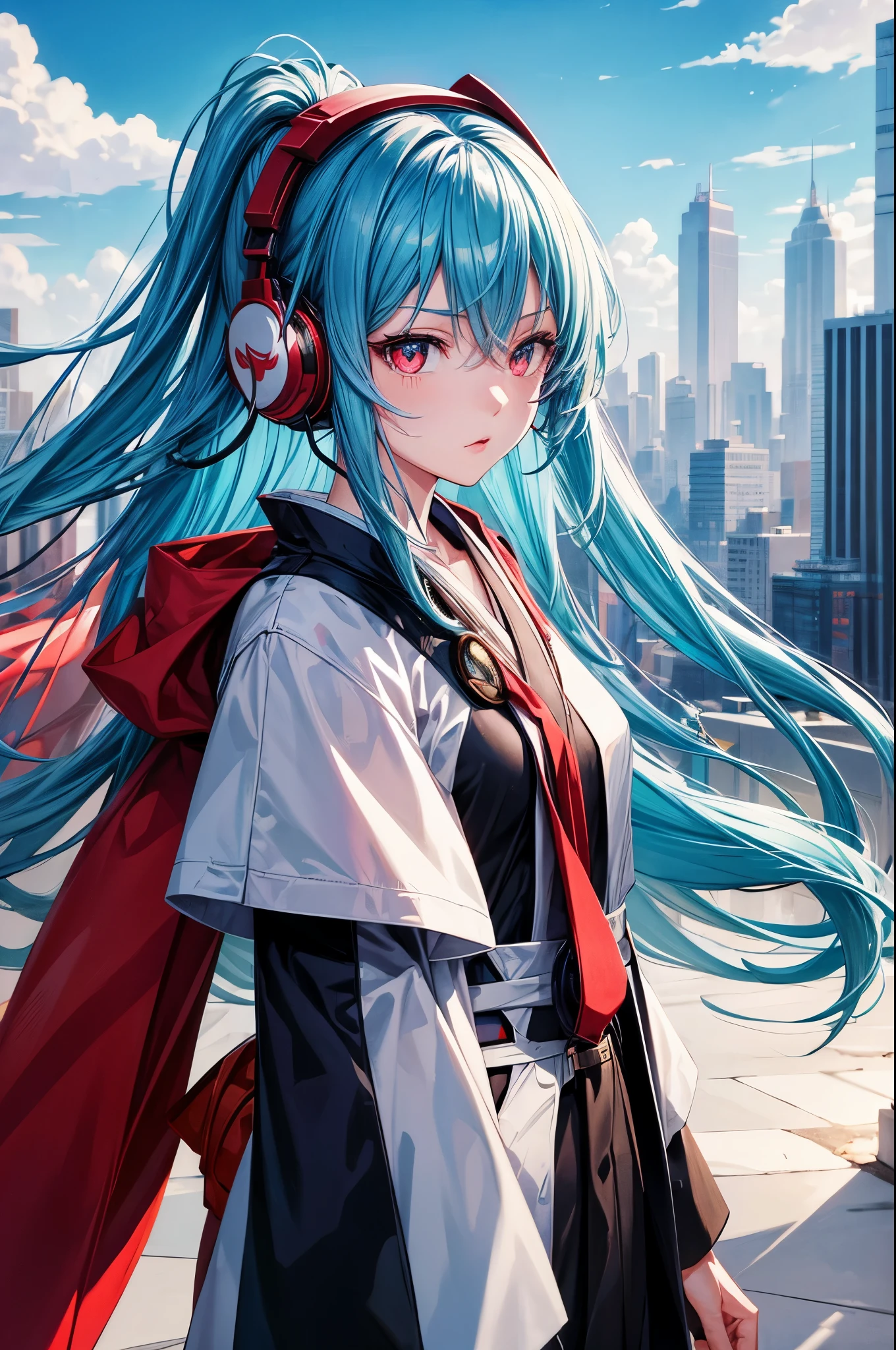 flat illustration classical animes, Close-up of a female character with light blue hair, red eyes, wearing headphones, with a cityscape in the background, art style influenced by japanese artists, black outlines, niji