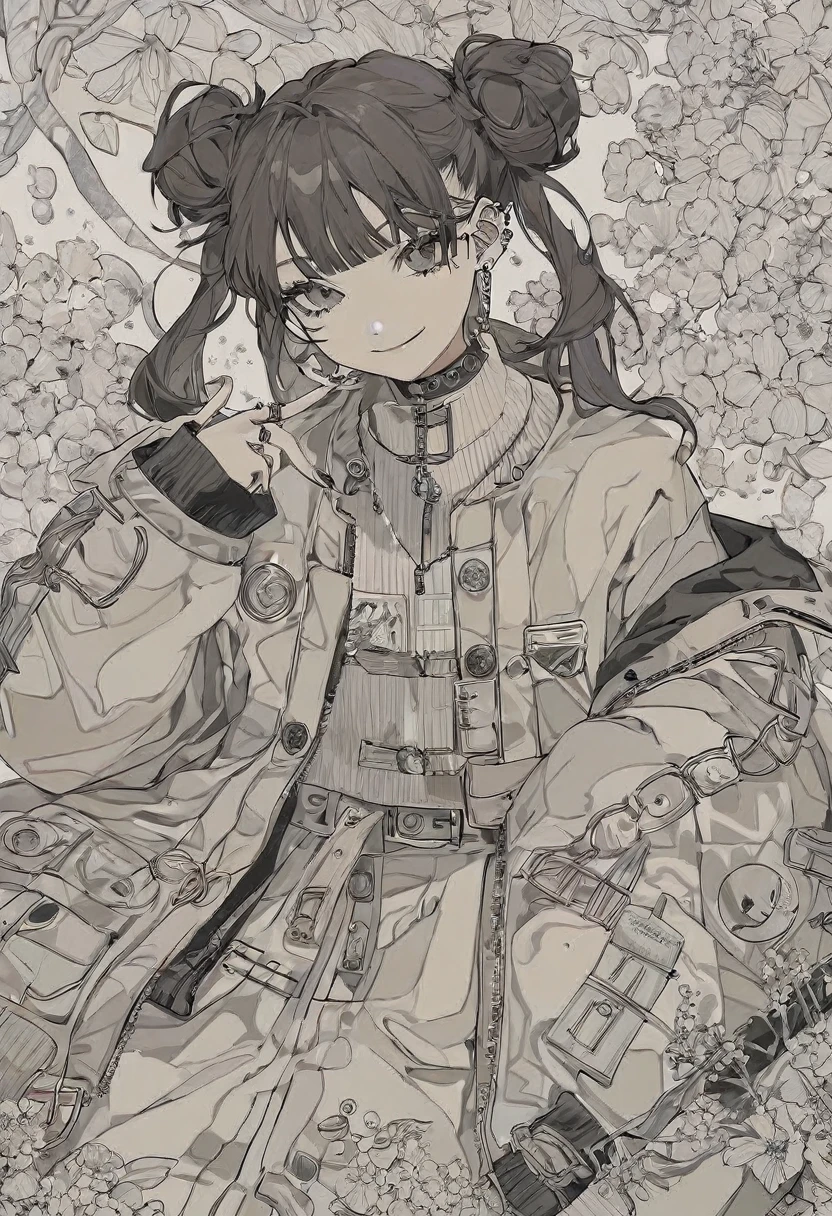 absurdres, aesthetic, line art , (coloring book), 1girl smiling, piercings, twintails, double buns, intricate jacket, black and white