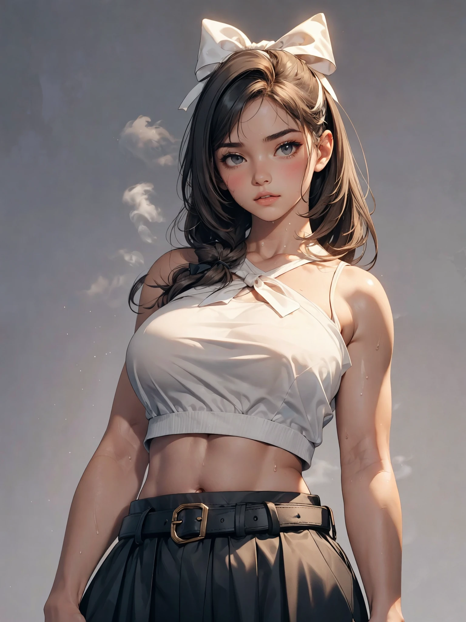 1girl,arms at sides,bare shoulders,belt,bow,breasts,crop top,grey background,hair bow,hair ribbon,large breasts,light blush,long hair,looking down,midriff,monochrome,navel,plump,ribbon,shiny skin,sidelocks,simple background,solo,steam,steaming body,sweat,underboob