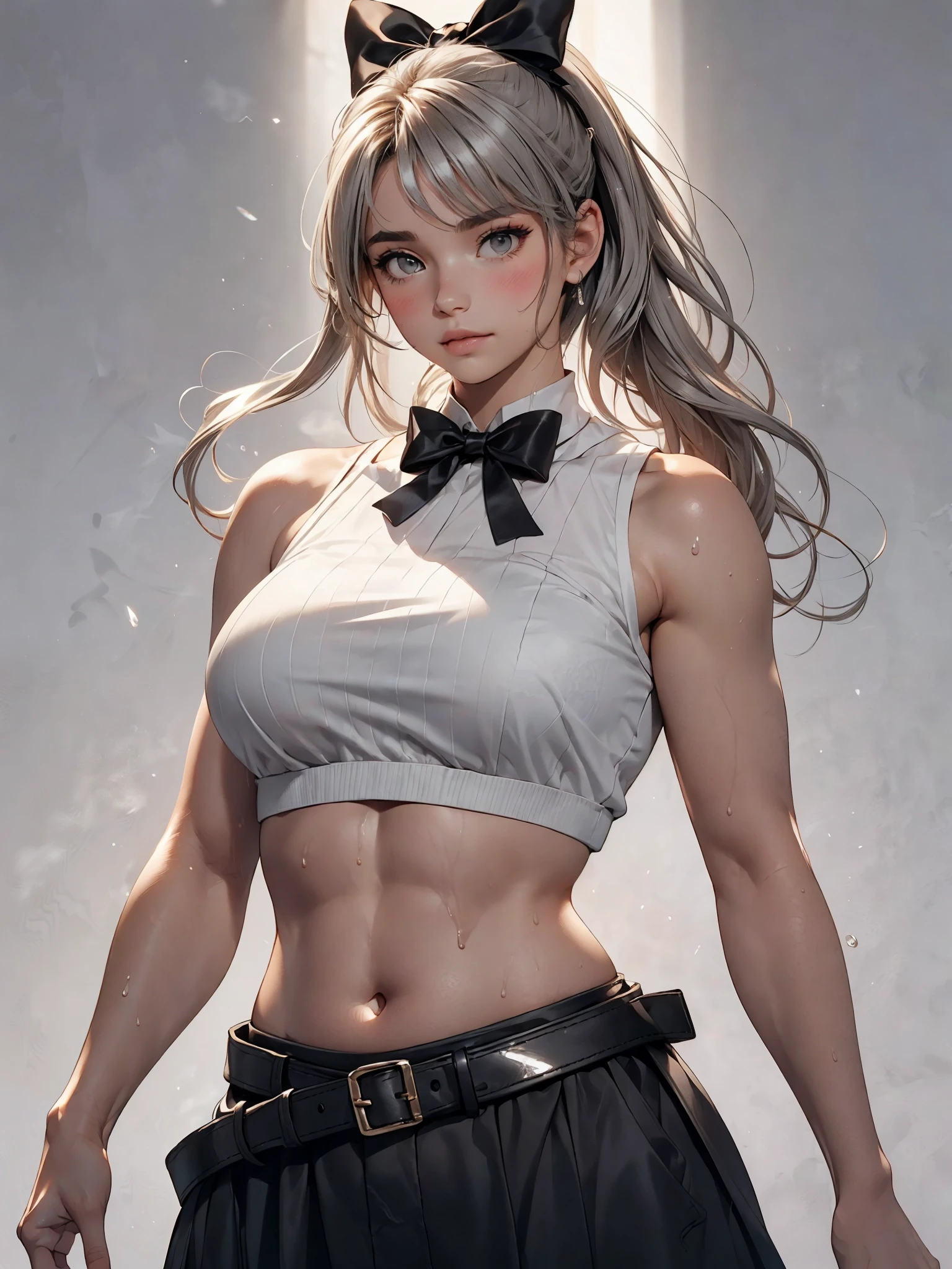 1girl,arms at sides,bare shoulders,belt,bow,breasts,crop top,grey background,hair bow,hair ribbon,large breasts,light blush,long hair,looking down,midriff,monochrome,navel,plump,ribbon,shiny skin,sidelocks,simple background,solo,steam,steaming body,sweat,underboob