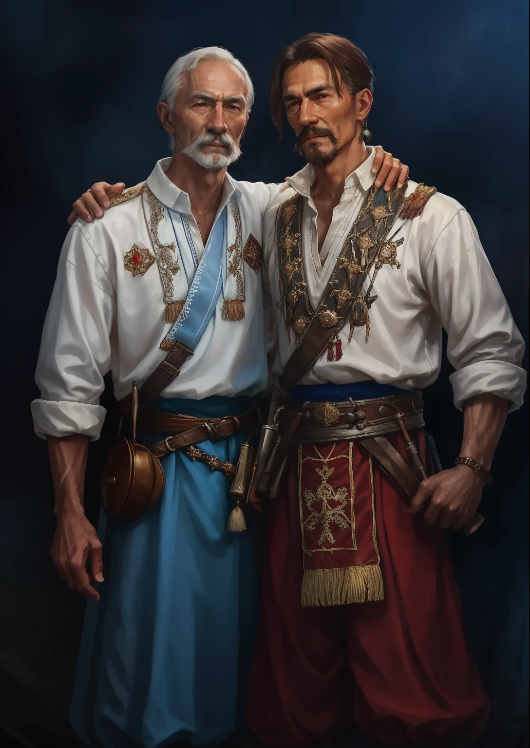 2 Cossacks, two men, white embroidered shirt exudes wisdom and dignity. The wrinkles on their faces testify to a rich life history. Experience and firm will can be seen in their eyes. They wear embroidered shirt with pride, embodying the traditions and heritage of their people. Their presence inspires respect and admiration among young Cossacks who seek his advice and wise words, realism, super detailed