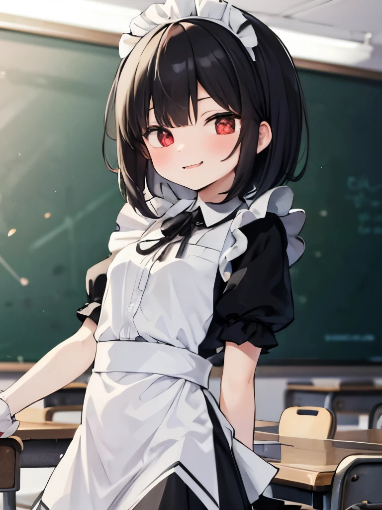 masterpiece, highest quality, girl, alone,Maid clothes,In the classroom,red eyes,smile, blush,black hair bob,sexy face,Cheeky smirk,mischief,upward glance