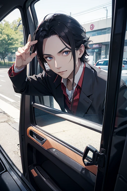 Mephistopheles knocking on the passenger window of a car、（Exterior shot from inside the car）