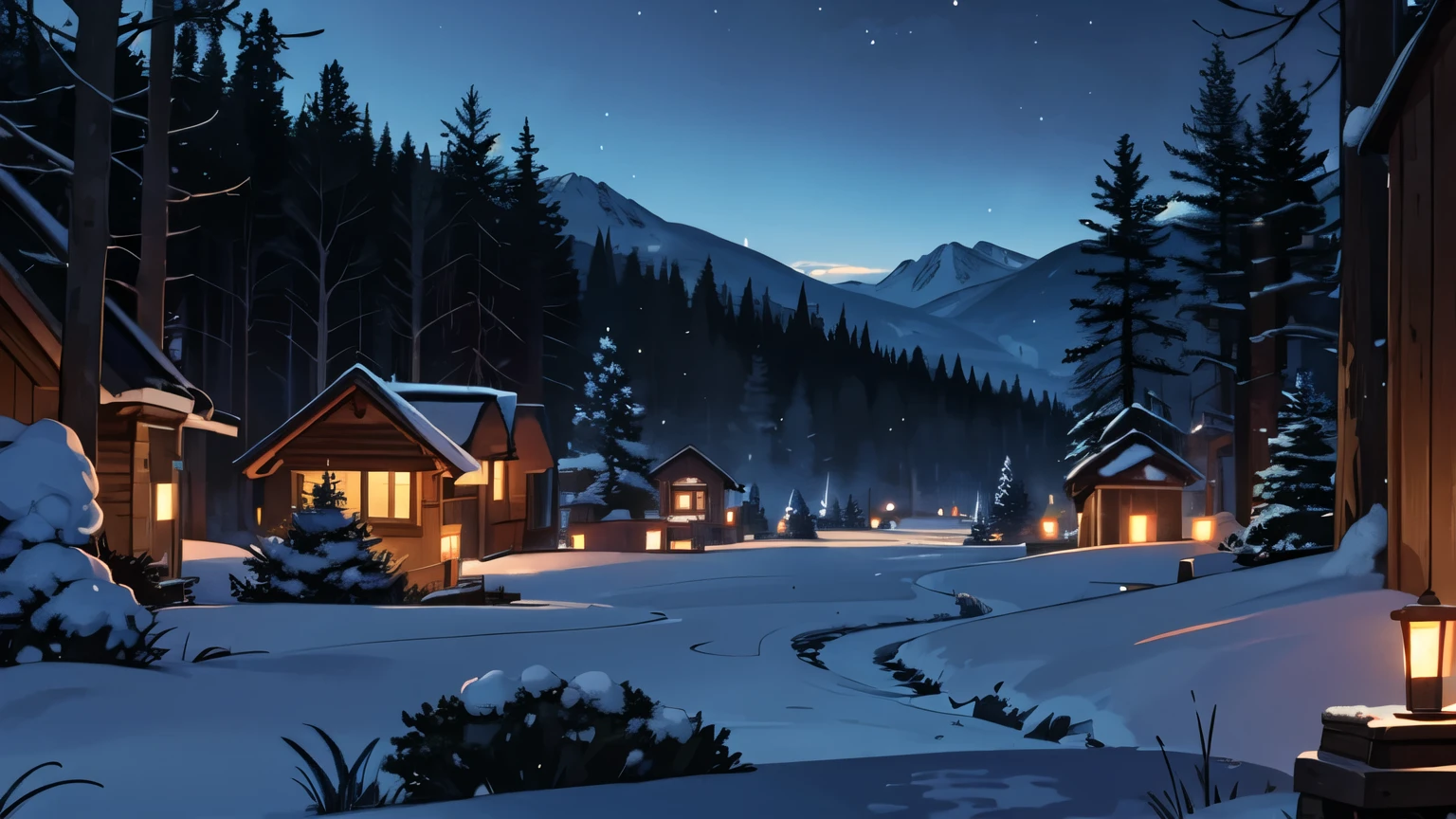 the forest, winter, night, village in the distance