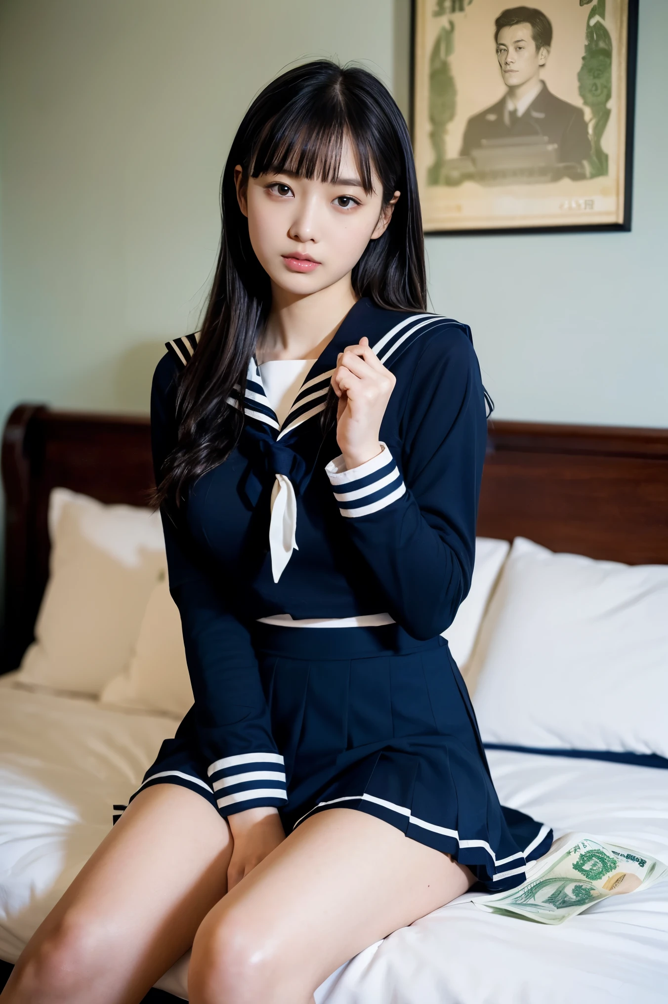 alone、high school girl、natural body shape、white skin、natural makeup、black hair、bangs、straight long hair、((high school uniform))(((Navy blue long-sleeved sailor suit、Red School Ribbon、navy pleated skirt、mini skirt)))、((big breasts))、、love hotel bedroom、((sitting with legs apart))、on the bed、(Looking at the camera facing the front)、full body photo、Head-to-toe portrait、expose thighs、dark blue socks、(((Holding a Japanese banknote in one hand)))