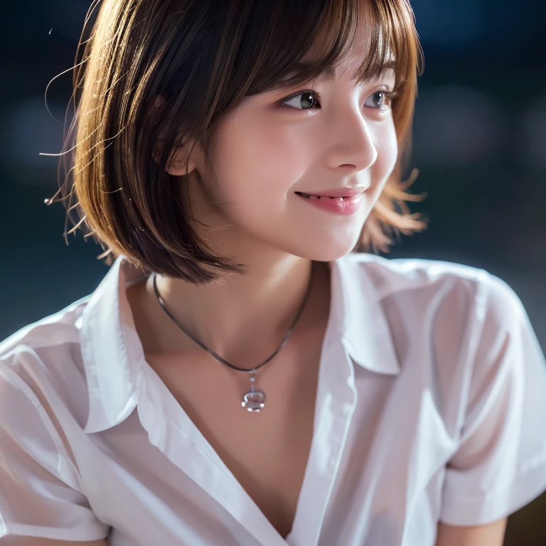 (8K, highest quality, masterpiece: 1.2), (realistic, realistic: 1.37), Super detailed, 1 girl, cute, alone, beautiful and detailed sky, Detailed cafe, night, sitting, date, ( blush your nose), (smile: 1.15), (closed mouth) small breasts, fine and beautiful eyes, (collared shirt: 1.1), night, Wet, naked, rain, white lace, (short hair: 1.2), Floating hair NovaFrogStyle,