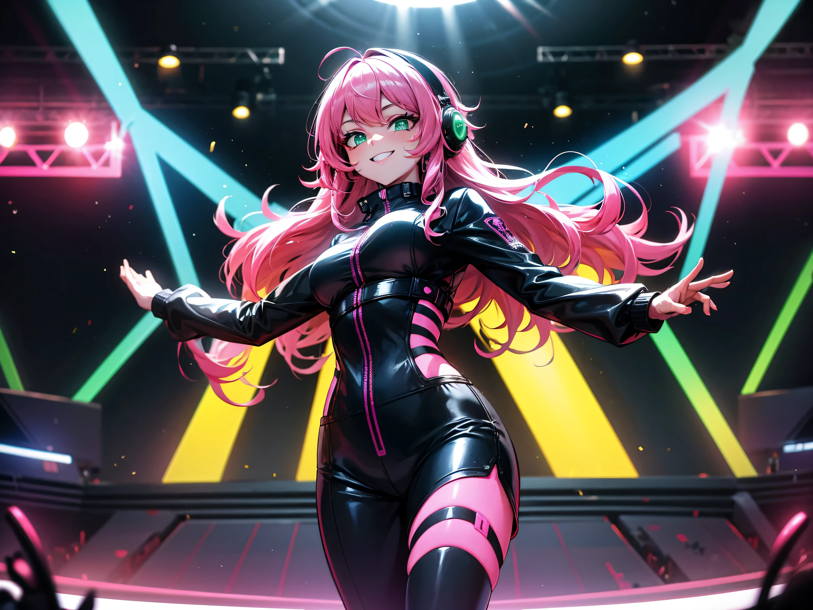 (masterpiece), (best quality), (high res) Solo, (perfect anatomy young girl (), fair skin, pink hair (shoulder length), green eyes, (skin tight idol outfit), (blue high heels boots), (shirt), (super tight mini skirt), smiling, flat chest in a futuristic stage setting with a green light, cyberpunk, cyber suit, best anime 4k, cybersuits, singing to a big crowd of people
