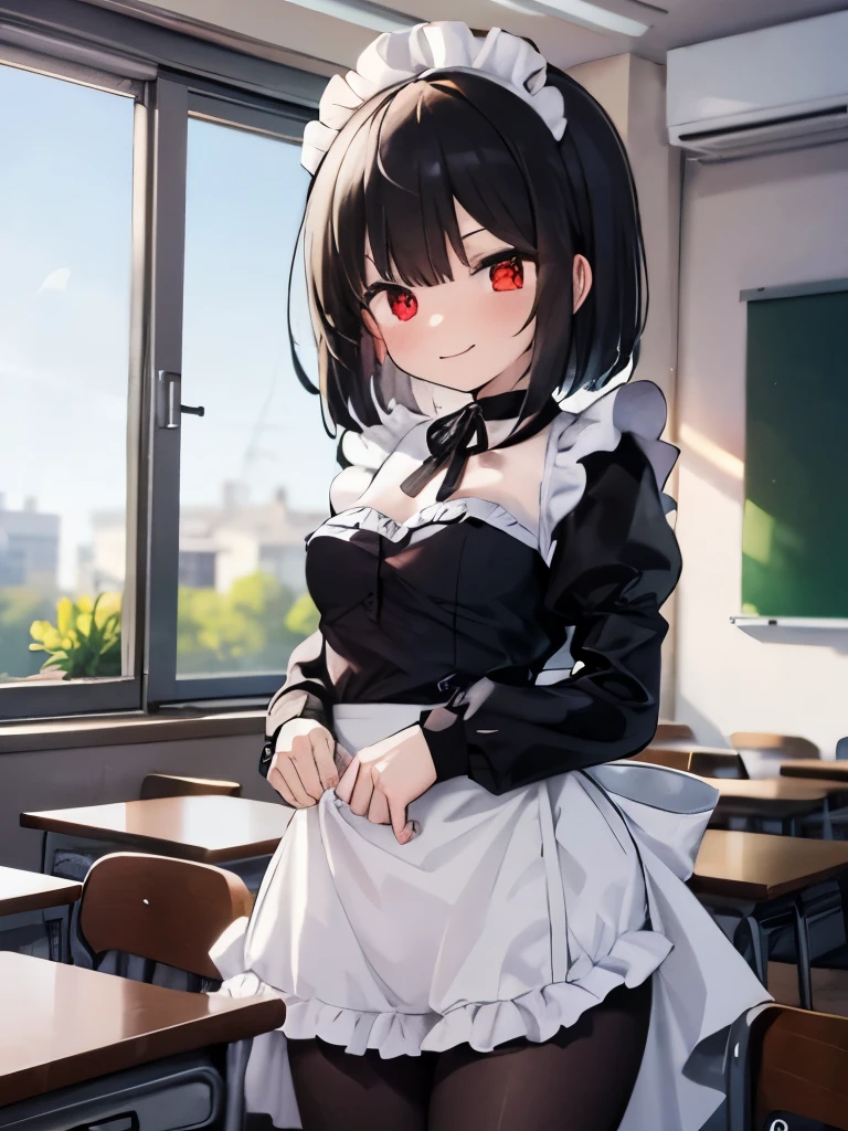 masterpiece, highest quality, girl, alone,Maid clothes,In the classroom,red eyes,smile, blush,black hair bob,sexy face,Cheeky smirk,mischief,upward glance