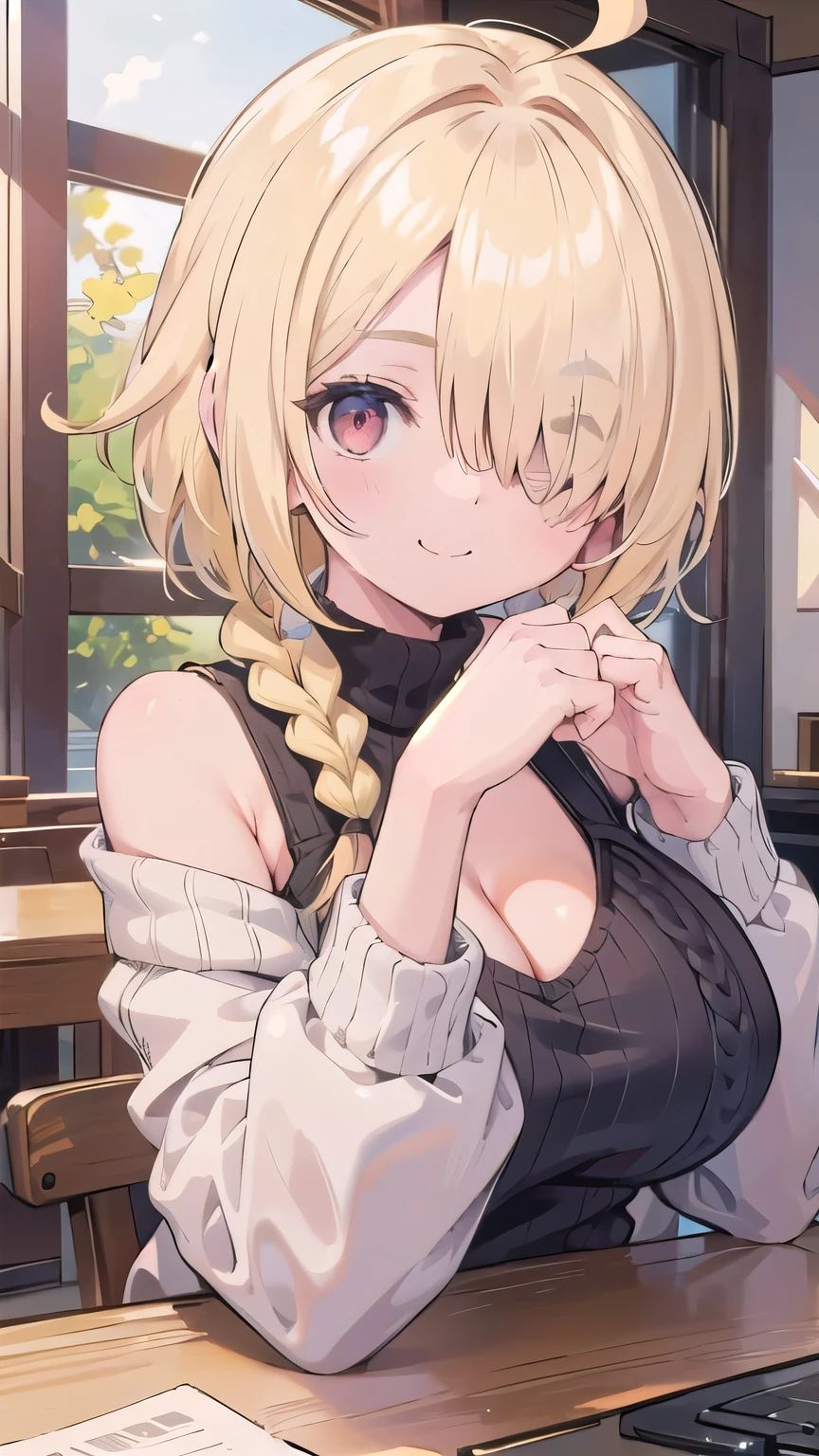 cleavage、tits、smile、hands up, elbows on table, face palm、breasts close up, blonde　((((((hair over one eye)))))), Braid Styles, spiked hair, blunt bangs, bob hair, a braid, Ahoge　red eyes, off shoulder, knit sweater