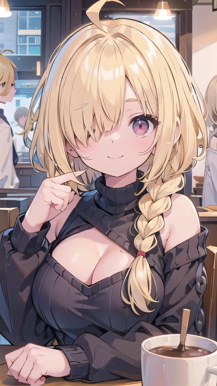 cleavage、tits、smile、hands up, elbows on table, face palm、breasts close up, blonde ((((((hair over one eye)))))), Braid Styles, spiked hair, blunt bangs, bob hair, a braid, Ahoge red eyes, off shoulder, knit sweater