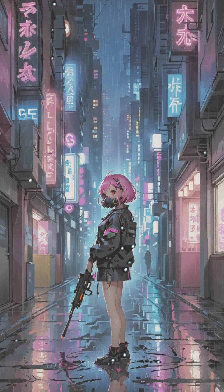 cyber punk，Cute Armed Girl，bob，The inner color of the hair is pink，Blood on the face，neon blue，neon pink，neon sign，narrow back alley，Underground，downtown at night，A lot of neon signiscellaneous，night rain，get wet in the rain，Reflected in a puddle，Mechanical Townscape，雑居ビルにneon sign，Electric wires are strung all over the place.，night town，Crow，railgun，A gas mask like Casshern，Red eyes glowing，end of the century，Make the neon shine brightly，Overall dark