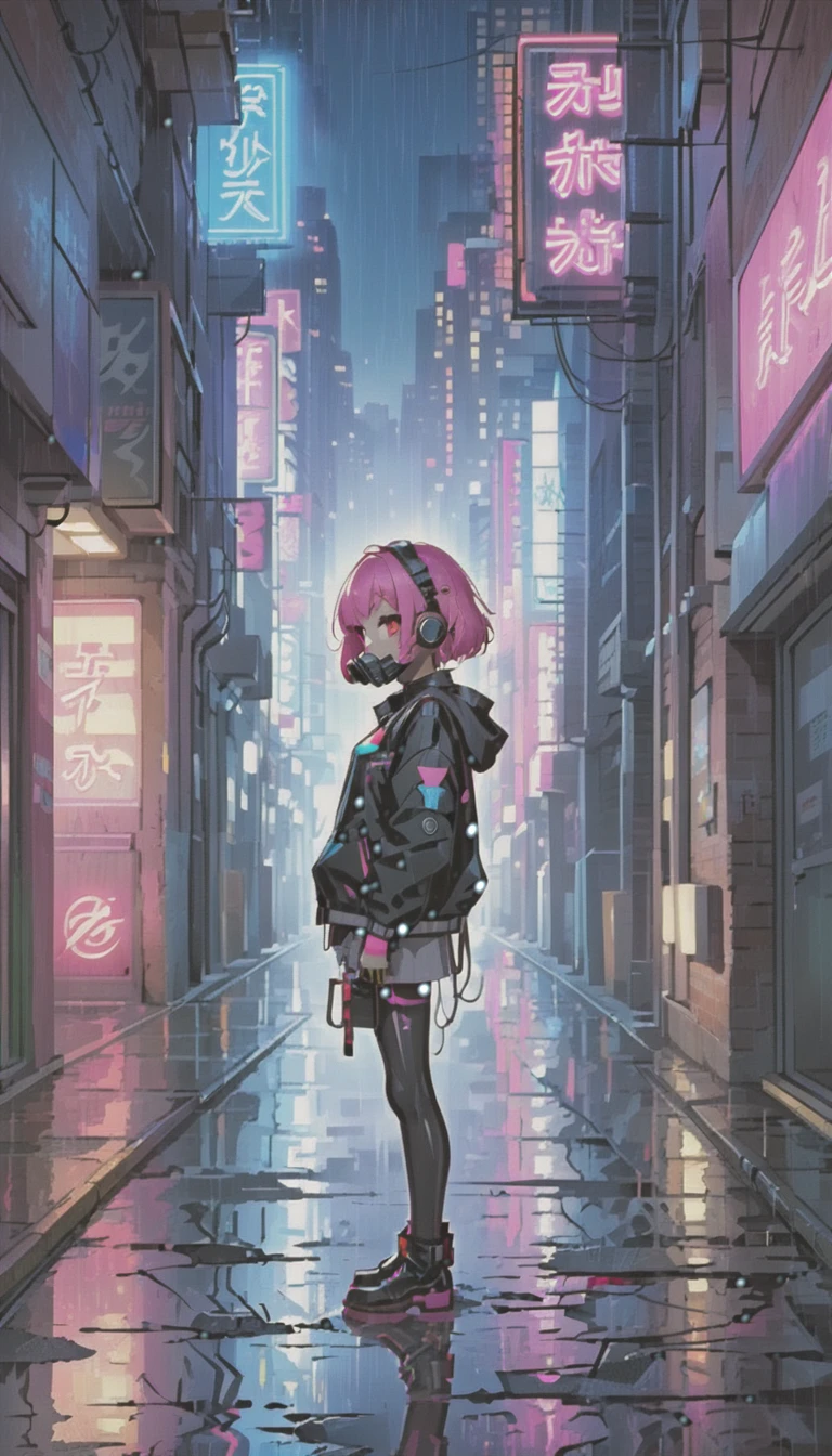 cyber punk，Cute Armed Girl，bob，The inner color of the hair is pink，Blood on the face，neon blue，neon pink，neon sign，narrow back alley，Underground，downtown at night，A lot of neon signiscellaneous，night rain，get wet in the rain，Reflected in a puddle，Mechanical Townscape，雑居ビルにneon sign，Electric wires are strung all over the place.，night town，Crow，railgun，A gas mask like Casshern，Red eyes glowing，end of the century，Make the neon shine brightly，Overall dark