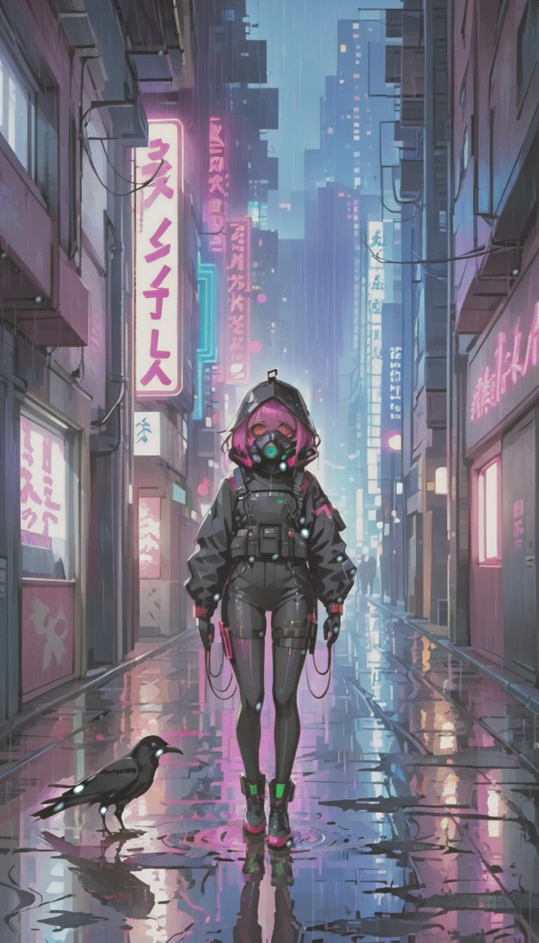 cyber punk，Cute Armed Girl，bob，The inner color of the hair is pink，Blood on the face，neon blue，neon pink，neon sign，narrow back alley，Underground，downtown at night，A lot of neon signiscellaneous，night rain，get wet in the rain，Reflected in a puddle，Mechanical Townscape，雑居ビルにneon sign，Electric wires are strung all over the place.，night town，Crow，railgun，A gas mask like Casshern，Red eyes glowing，end of the century，Make the neon shine brightly，Overall dark