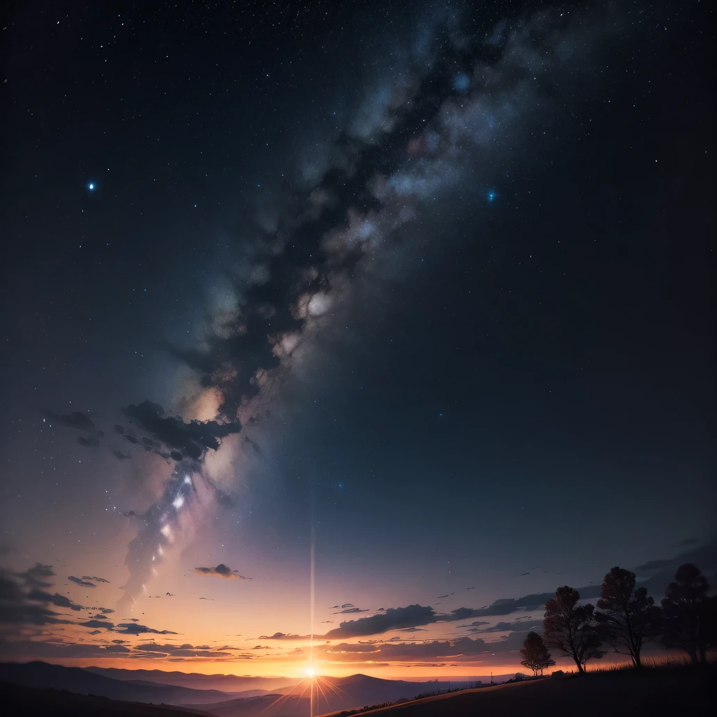 starry night sky, with beam of golden light coming from the ground to the middle of the sky