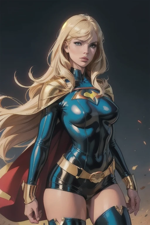 best quality, woman, super hero, straight blonde hair, bangs, cape, blue latex tights, gold belt