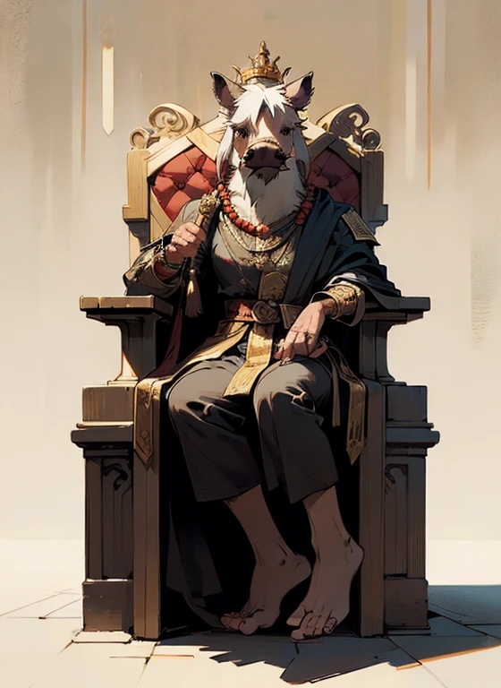 (head to toe: 2.0), (full body image: 2.0), solo, anthropomorphic boar, (head of a boar: 1.3), large, fat, muscular, (sitting on a throne: 1.4), regal clothing, sword and cepter, facial piercings, , extremely stylized, deviant art, masterpiece, highly detailed, detailed eyes, expressive detailed eyes, detailed pupils, crown, boots, entire body image, full body shot, nvinkpunk, professional photograph of alexander_skarsgard, tassles, large beads, large tassels, 