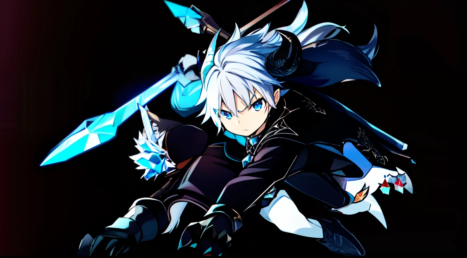 flat color, 1 boy with white hair, blue eyes, ice spear, long white hair, horns, gloves, white dog, blue eyes, claws and crystal in the center of his forehead
