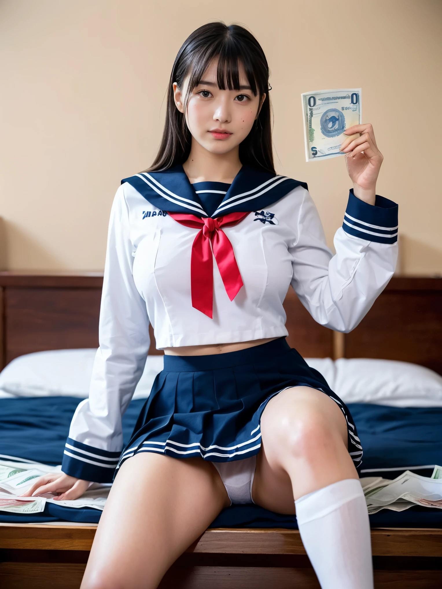 alone、high school girl、natural body shape、white skin、natural makeup、black hair、bangs、straight long hair、((high school uniform))(((Navy blue long-sleeved sailor suit、Red School Ribbon、navy pleated skirt、mini skirt)))、((big breasts))、、love hotel bedroom、((sitting with legs apart))、on the bed、(Looking at the camera facing the front)、full body photo、Head-to-toe portrait、expose thighs、dark blue socks、(((Holding a Japanese banknote in one hand)))、(((pure white panties)))