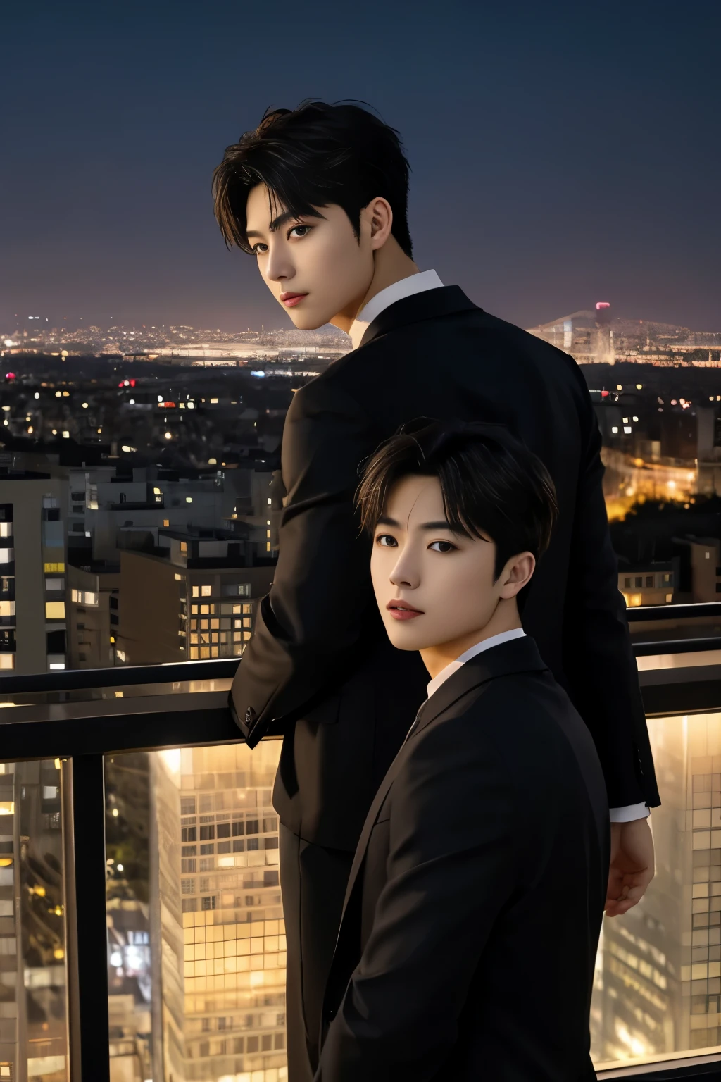 2male、masterpiece、top-quality、超A high resolution、evening、A city scape、depth of fields、short black messy hair、Two men