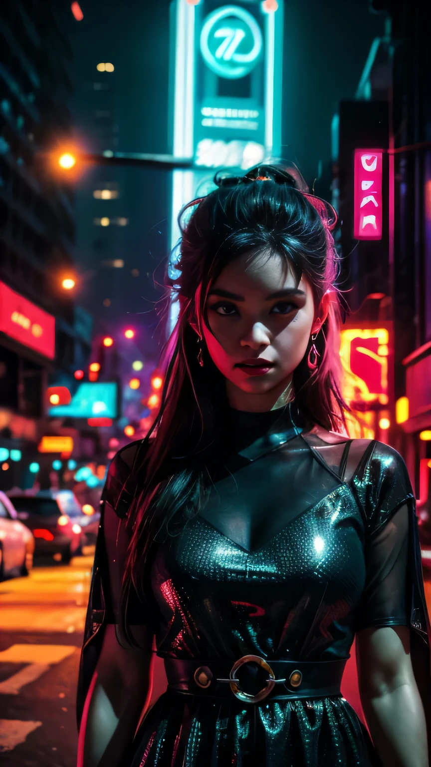1 girl, upper body, single focus, enigmatic beauty, Neon-inspired attire, vibrant neon-colored dress, adorned with glowing neon tubes, (neon-lit cityscape backdrop: 1.4), (faint buzzing of neon lights: 1.3), enigmatic features, electric aura, [depth of field, ambient lighting, neon signs foreground, vibrant ambiance], Neon Nights, buzzing echoes, electric presence, (city traffic sounds), (soft murmurs: 1.2), intricate details, enhanced lighting.