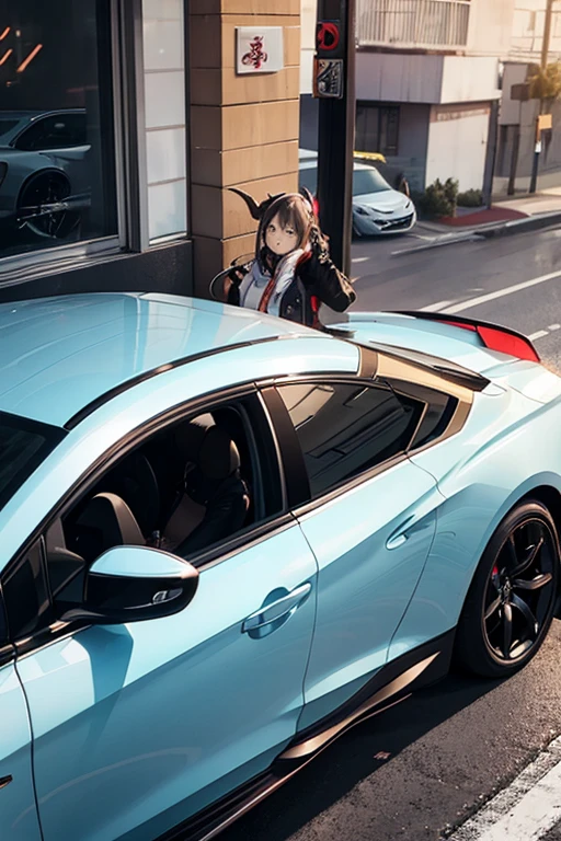 A female demon banging on the passenger window of a car、((Outside shot of the car))