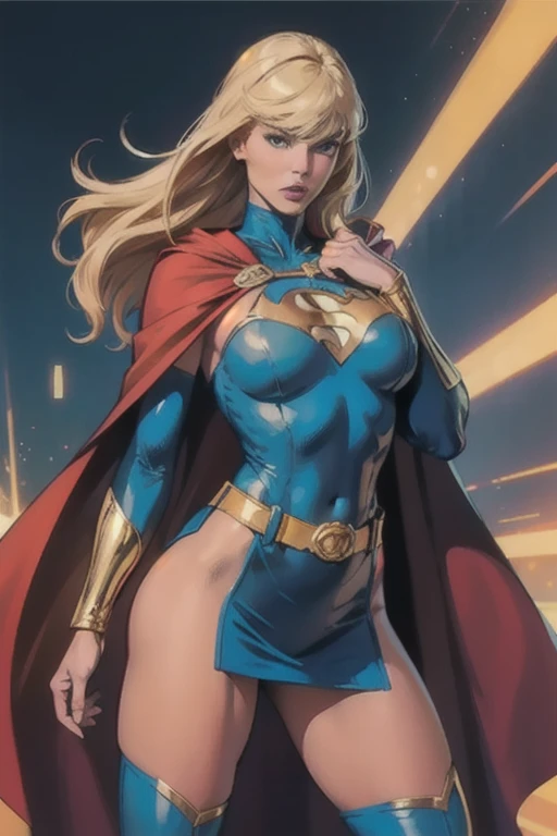 best quality, woman, super hero, straight blonde hair, bangs, cape, blue tights, gold belt