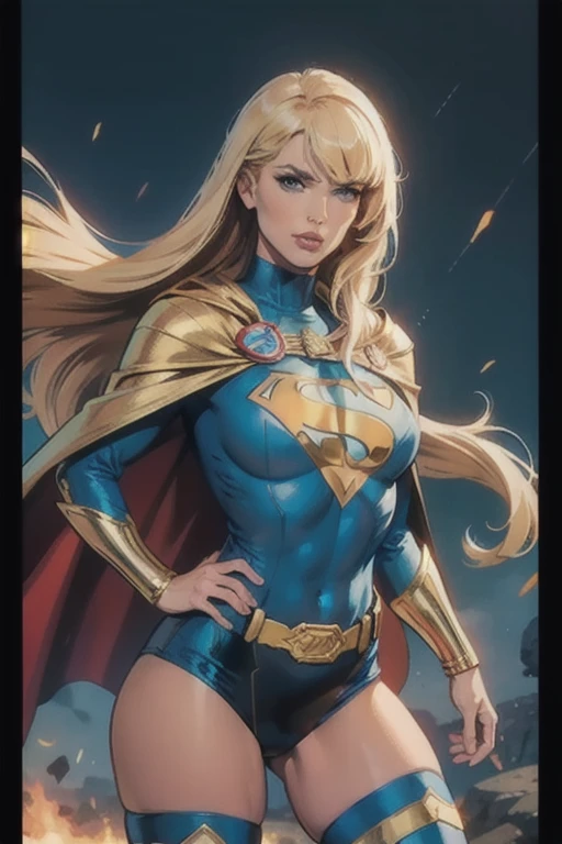 best quality, woman, super hero, straight blonde hair, bangs, cape, blue tights, gold belt